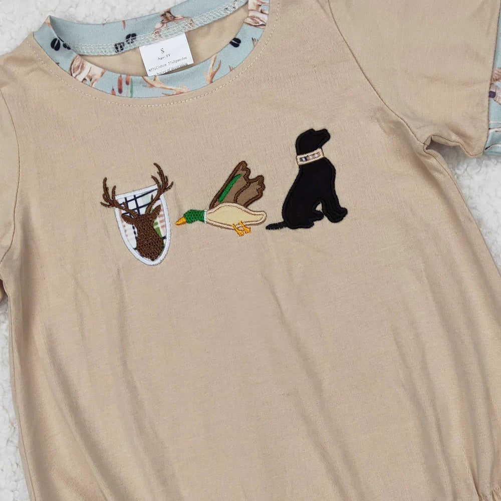 Wholesale Kids Children Short Sleeves Onesie Newborn Toddler Cotton Embroidery Baby Infant Boys Hunting Deer Duck Dog Rompers