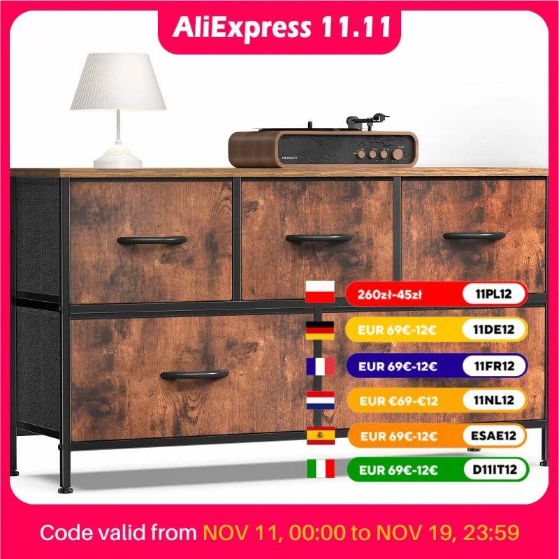 JHK salon vitrine couches avec 5 tiroirs en tissu armoire cadre en acier assemblage placard pour vêtements rangement commode