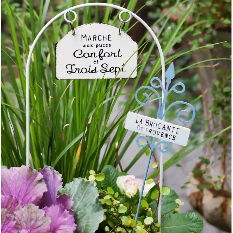 إدراج زهرة قوس الشرفة، وعاء زهور من الحديد المطاوع، ديكور منظر طبيعي للفناء، علامة تسمية النباتات الخارجية للحديقة