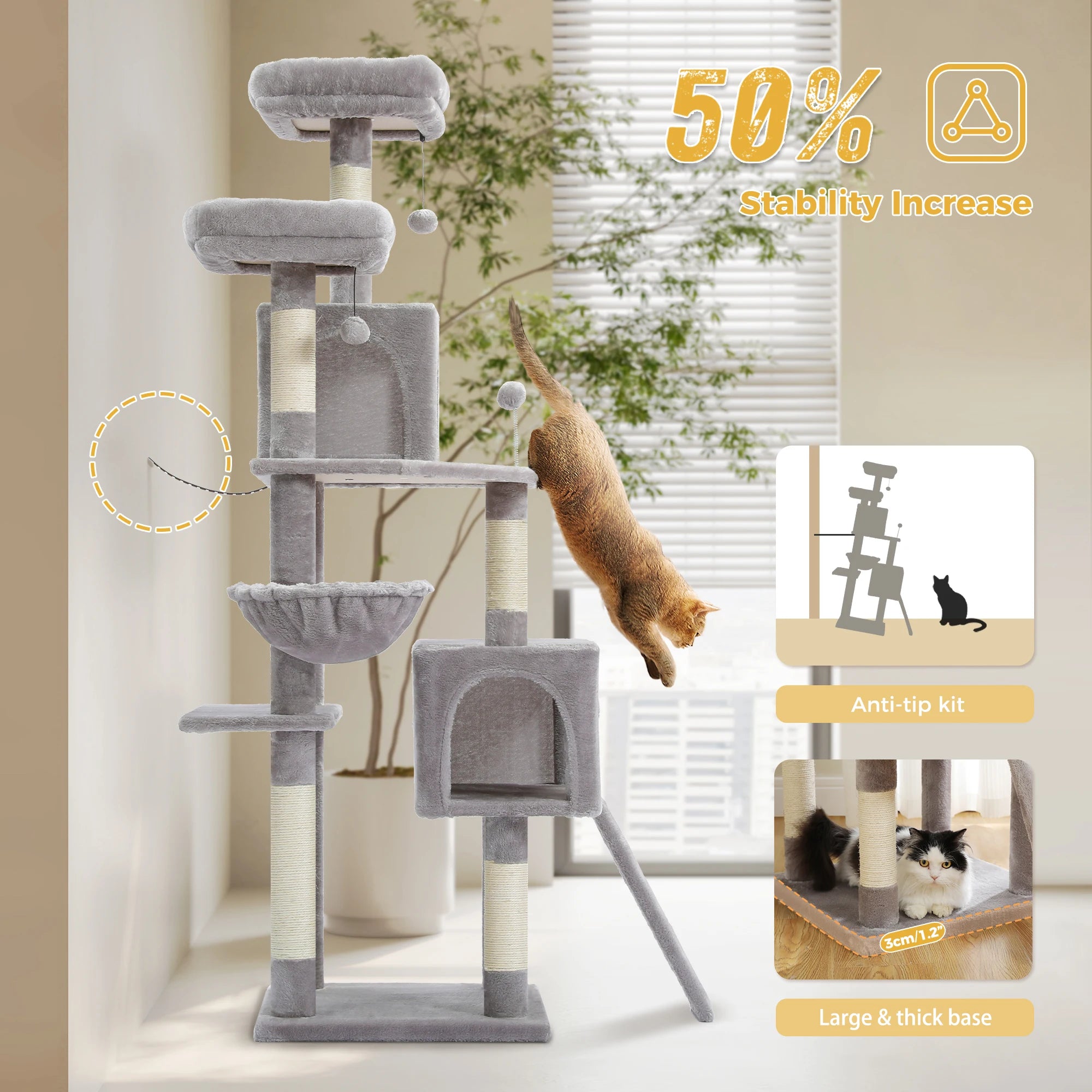Stable&Safe Multi-Level Cat Tree Tower with Cozy Condo,Scratching Posts&Boards,Perches,Hammock,Pompoms for Active Cats,Cat Toys