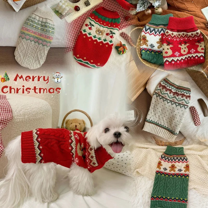 Pet Sweater for Dogs and Cats Fashion Warm Clothing in Winter Red and Green Gingerbread Cherry Deer Fresh Flowers White Sweater
