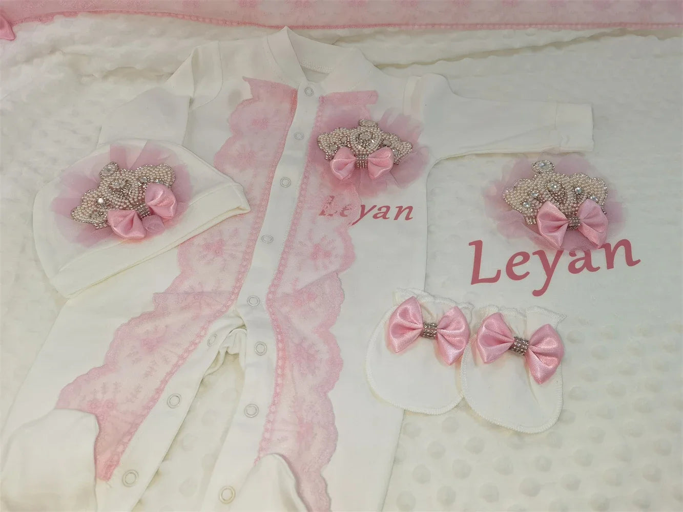 Customized Baby Name Newborn Pink Crown Jewels Gift Set 3pcs Outfits Pajamas Receiving Blanket Welcome Home Ceremonial dress