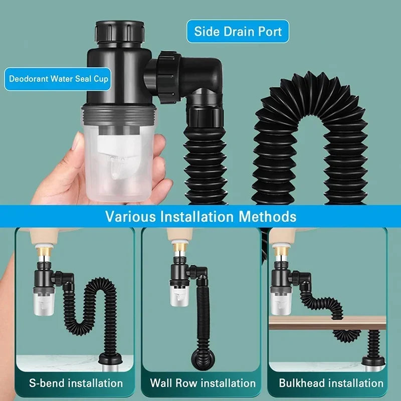Flexible P-Trap for 30-32mm Drain Pipes Kitchen Sink Washbasin Drainage Pipe Insect-proof Odor-proof Blockage-proof Leak-proof