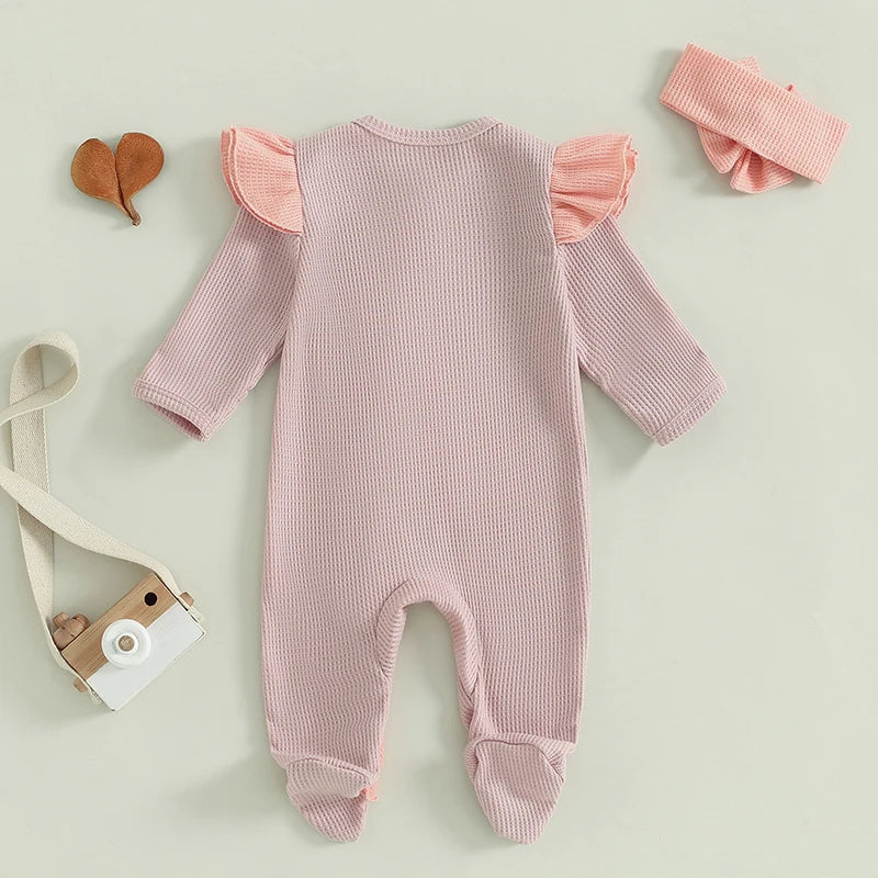 2024-05-11 Lioraitiin Baby Girls Outfit, Long Sleeve Crew Neck Frills Zipped Contrast Color Footies and Headband Fall Clothes