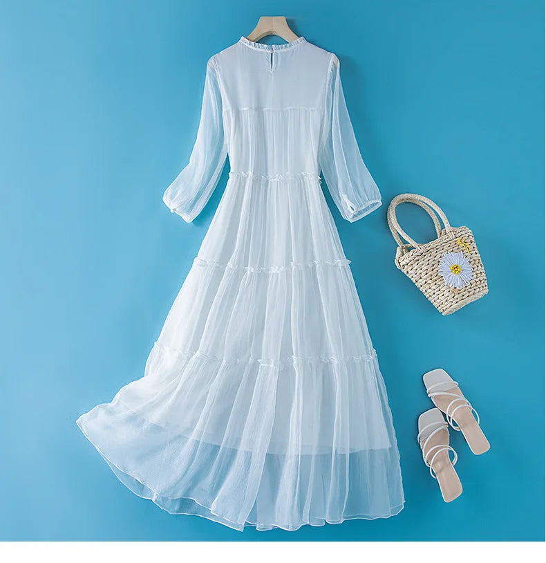 Winsleter, 100%Real Silk Elegant Dresses, Women Half Sleeve ONeck Ruched, Beach Vacation OL Dress, 2024 Summer Autumn D46910QM