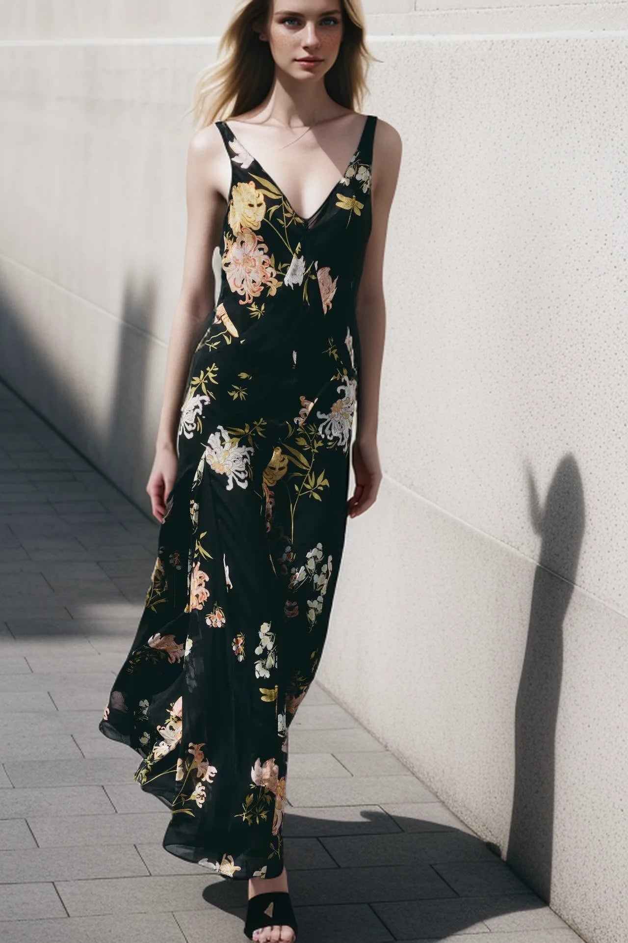 printed waist cinching dress V-neck sleeveless backless pullover summer new women's fashionable temperament long dress