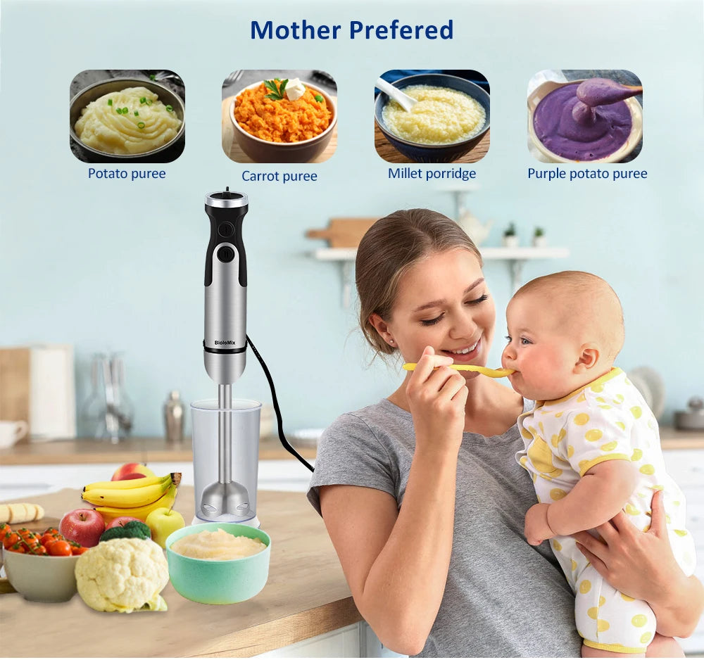BioloMix 1200W 5-in-1 Immersion Hand Stick Blender Mixer Vegetable Meat Grinder 800ml Chopper Whisk 600ml Smoothie Cup