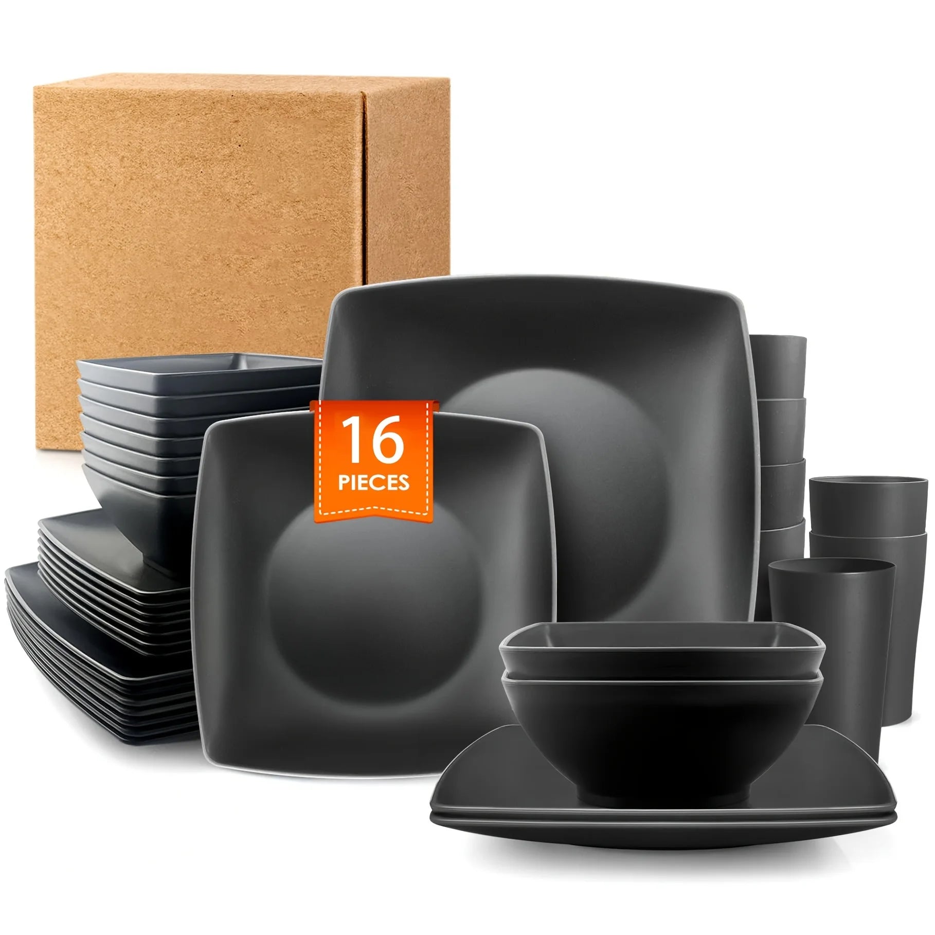 16-Piece Square Dinnerware Set - Heavy Duty Ceramic Plates, Bowls, Cups | Dishwasher & Microwave Safe for Everyday Use