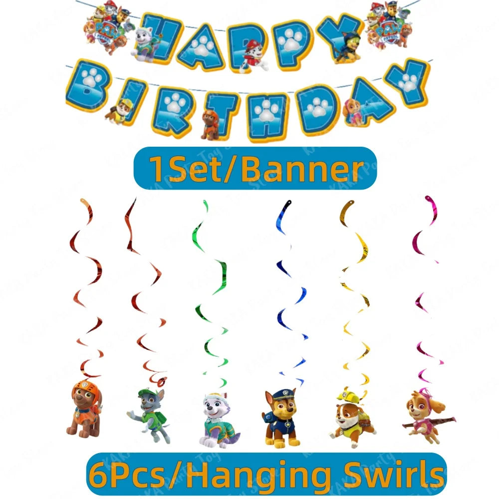 Paw Patrol Birthday Decoration Cartoon Puppy Paper Banner and 6 Hanging Swirls for Kids Boys Baby Shower Party Supplies Set