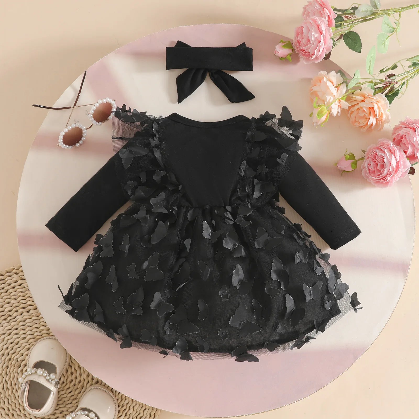 0-2Y Baby Girl Clothes 2Pcs Set Butterfly Tulle Patchwork Bow Baby Dresses for Newborn Girls and Headband Princess Party Outfit
