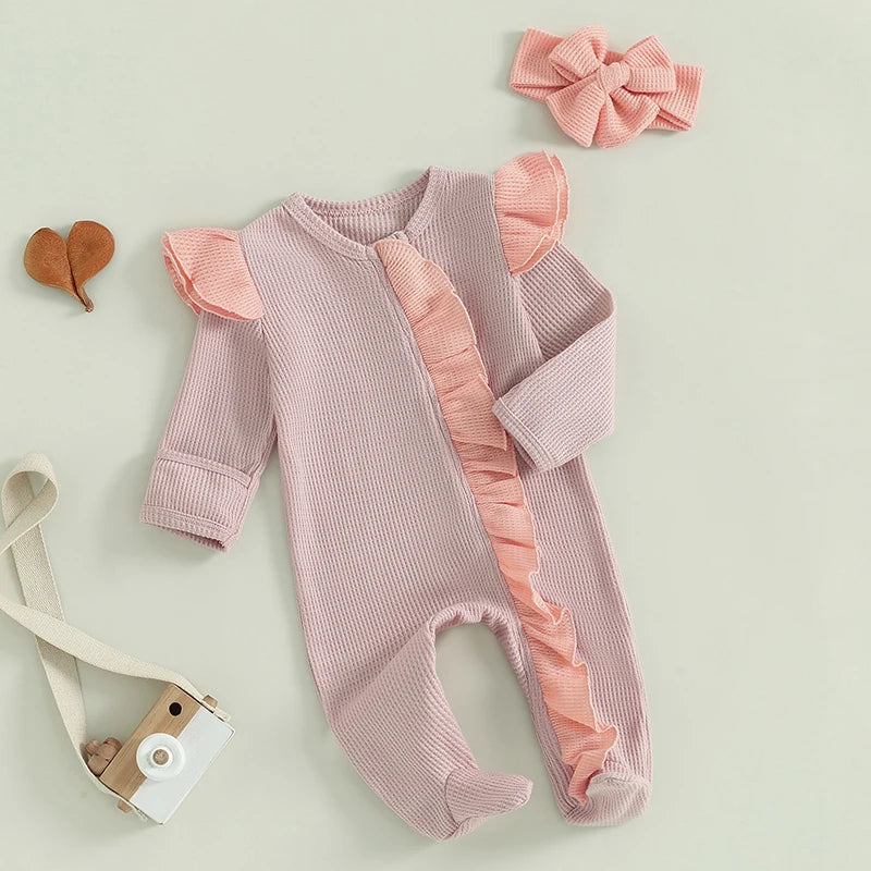 2024-05-11 Lioraitiin Baby Girls Outfit, Long Sleeve Crew Neck Frills Zipped Contrast Color Footies and Headband Fall Clothes