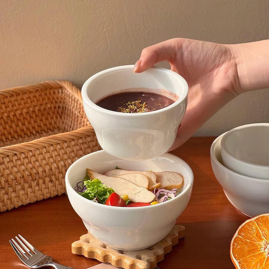 Simple White Ceramic Bowl Household Tableware Rice Bowls Breakfast Porridge Bowl Yoghurt Dessert Bowls