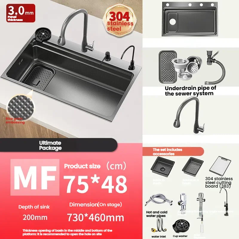 Stainless Steel Gray Kitchen Sink Multifunctional Stain and Scratch Resistant Large Single Slot Household Wash Cuisine Basin