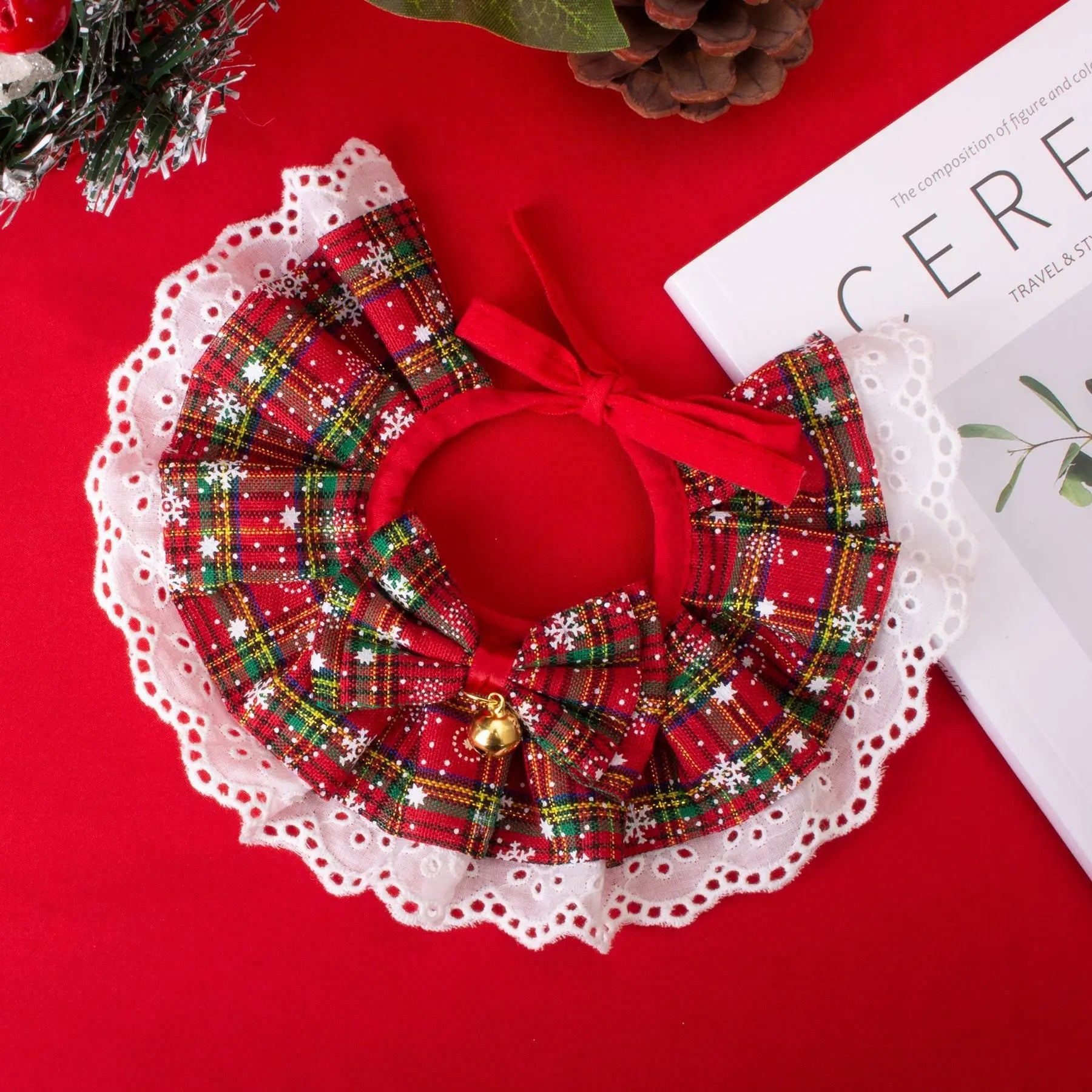 Pet Christmas Tie Bib Drool Towel Cat Dog Bell Scarf Holiday Accessory Plaid Lace Plaid Necklace Dog Accessories for Small Dogs