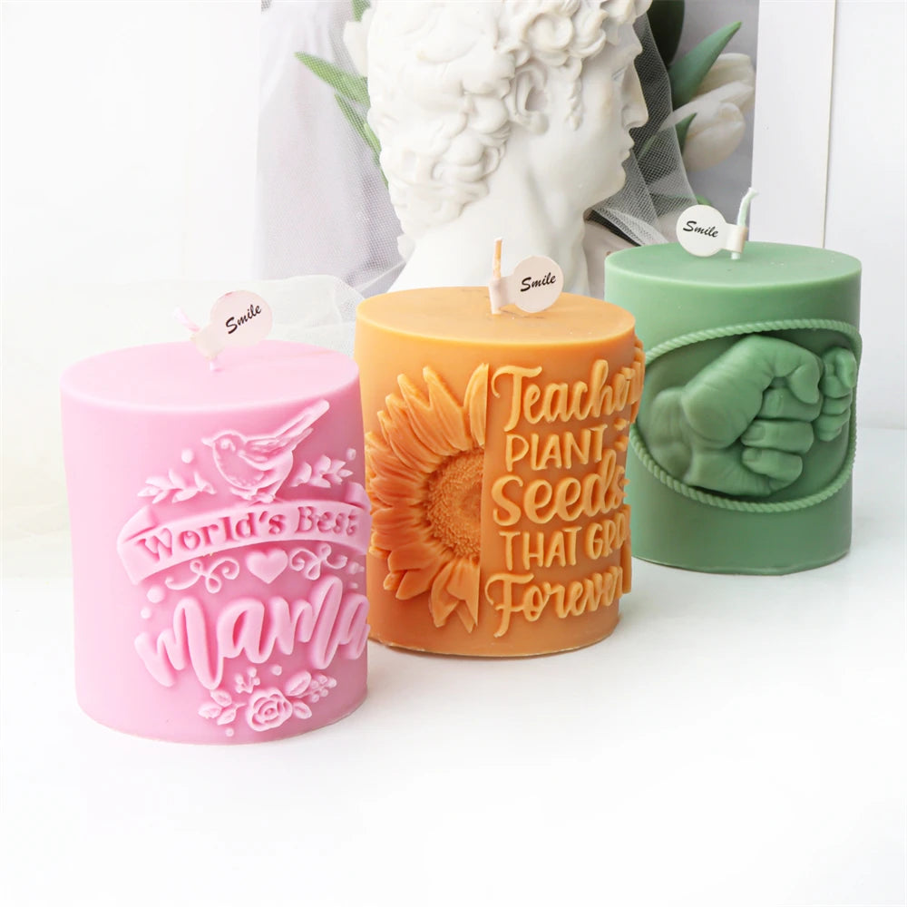 Thanksgiving Best Dad Mam with Baby Letter Cylinder Pillar Candle Mould DIY Sunflower Candle Mother's Day Decor Silicone Mold