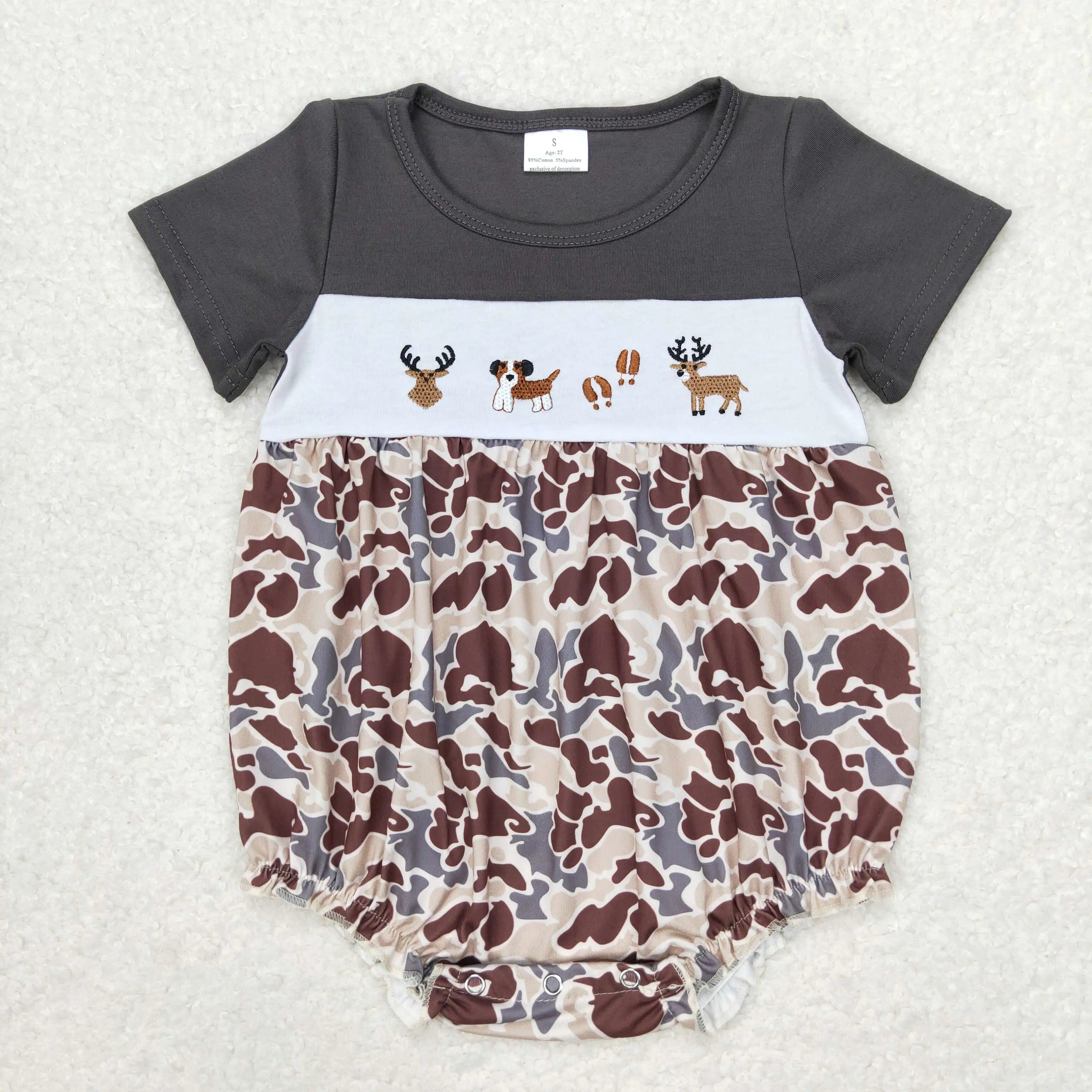 Wholesale Kids Children Short Sleeves Onesie Newborn Toddler Cotton Embroidery Baby Infant Boys Hunting Deer Duck Dog Rompers