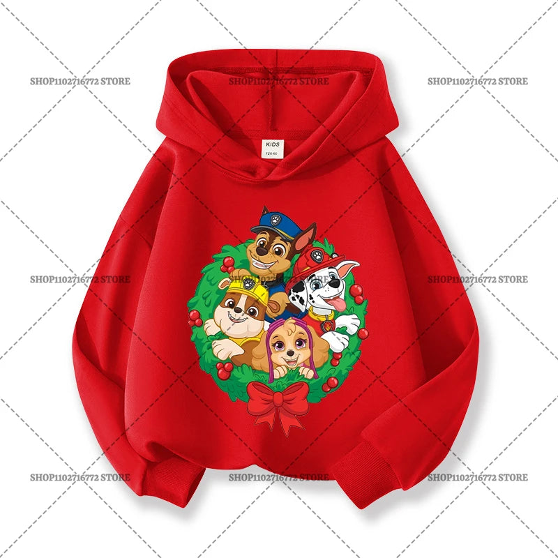 Paw Patrols Christmas Baby Hoodies Cute Anime Print Long Sleeved Child Red Top Pullover Casual Sweatshirt Kids Clothes Xmas Gift