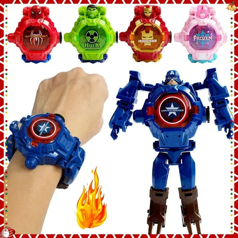 2026 Hot Marvel Iron Man Spiderman Cartoons Children's Watch Deformation Robot 3d LED Luminous Watch Children's Model Toy Watch