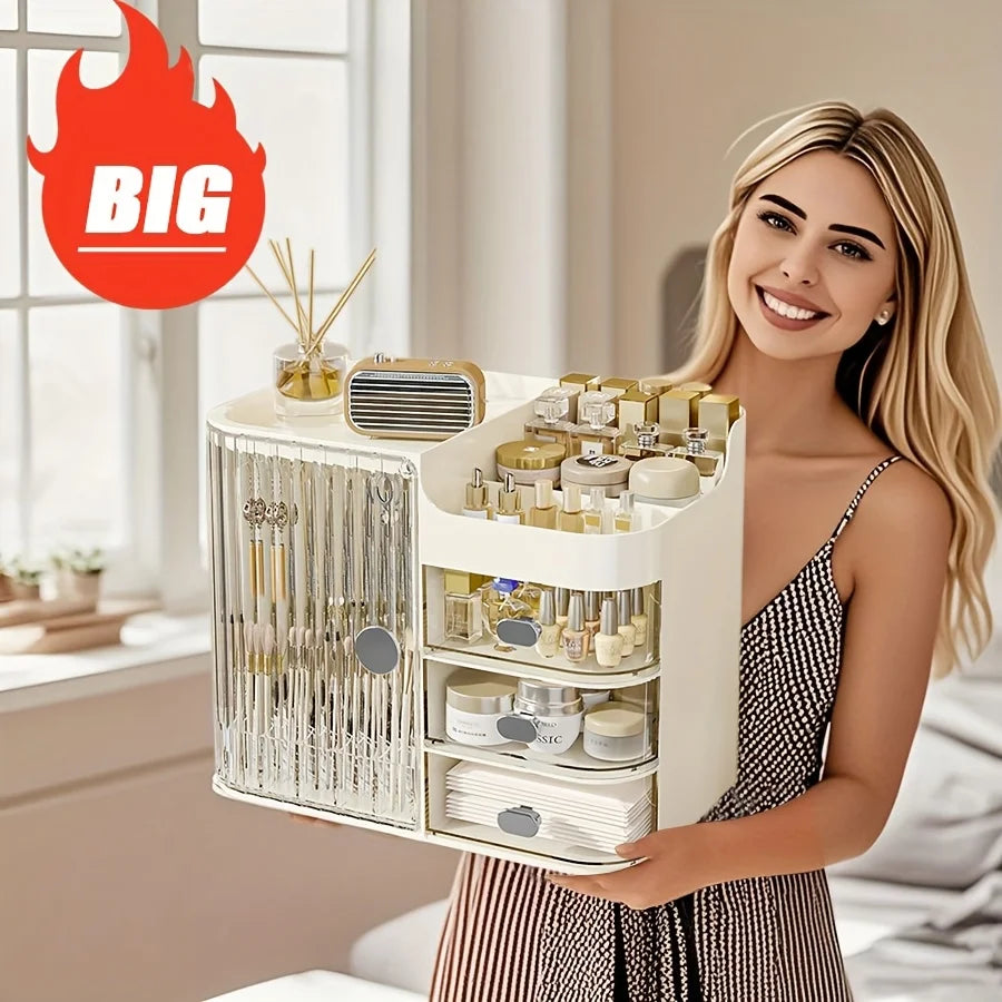 Boîte De Rangement De Maquillage Et Boîte De Rangement De Produits Beige Clair, Une Solution De Rangement Cosmétique De Grande Capacité.