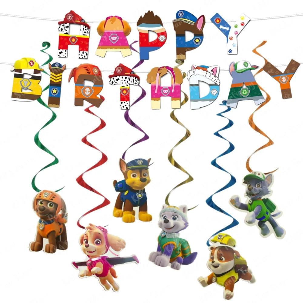 Paw Patrol Birthday Decoration Cartoon Puppy Paper Banner and 6 Hanging Swirls for Kids Boys Baby Shower Party Supplies Set