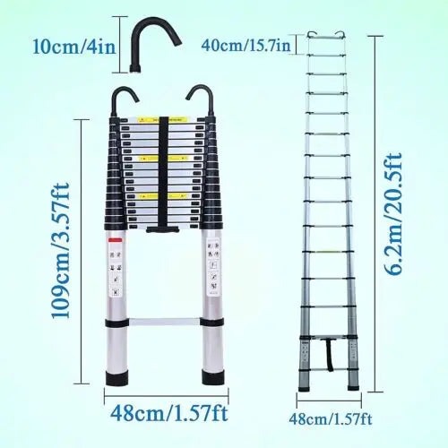 Telescopic Ladder 6.2m with Detachable Hooks & Extendable Steps, Folding Tall Loft Ladder with Non-Slip Feet Collapsible Ladder