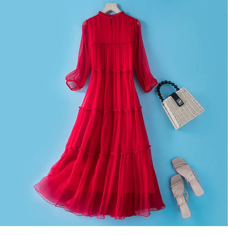 Winsleter, 100%Real Silk Elegant Dresses, Women Half Sleeve ONeck Ruched, Beach Vacation OL Dress, 2024 Summer Autumn D46910QM