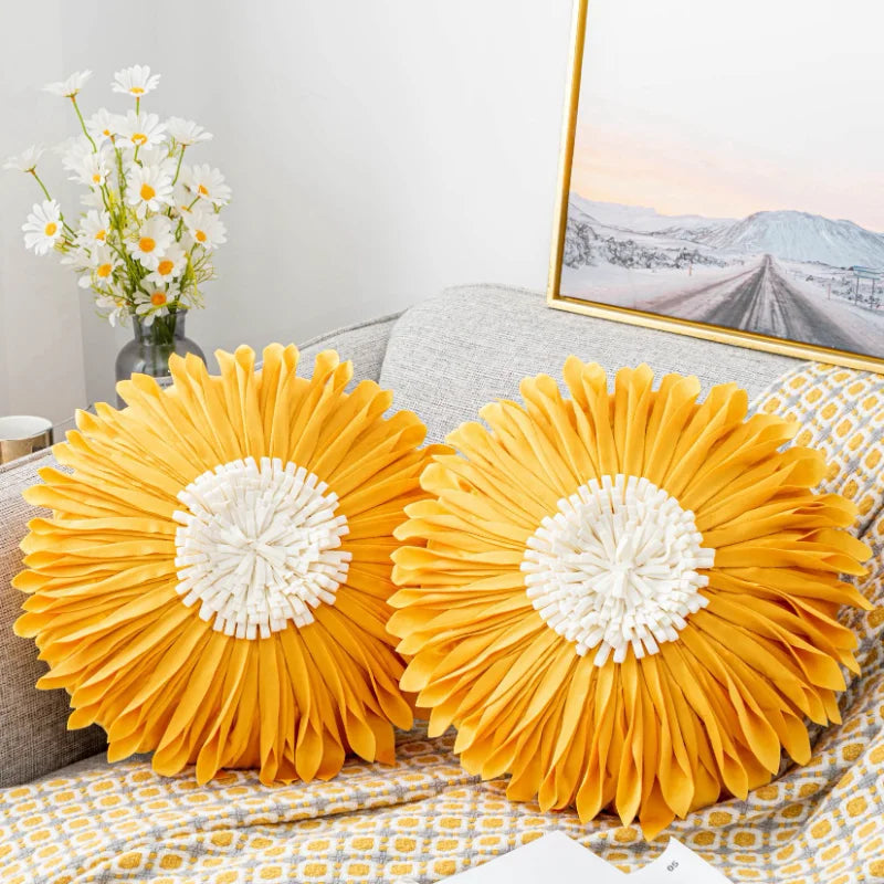Modern Style Yellow White Throw Pillows Round  45*45 Velvet Stitching 3D Chrysanthemum Cushion Cover Waist Blue Cute Pillowcase