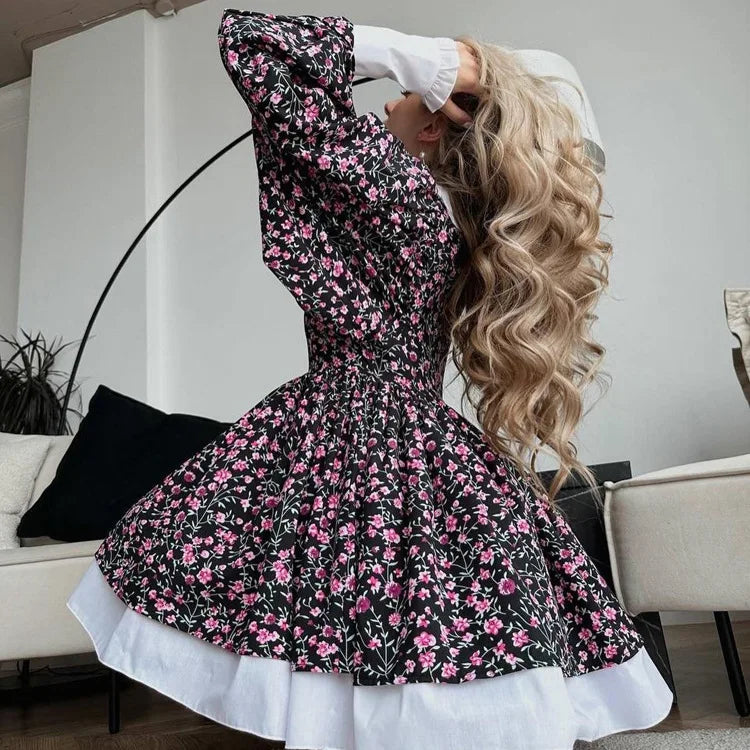 Tossy Ruffled Fashion Printed Mini Dress For Women V-Neck Patchwork Contrast Slim Long Sleeve Party Dress Female Bodycon Dress