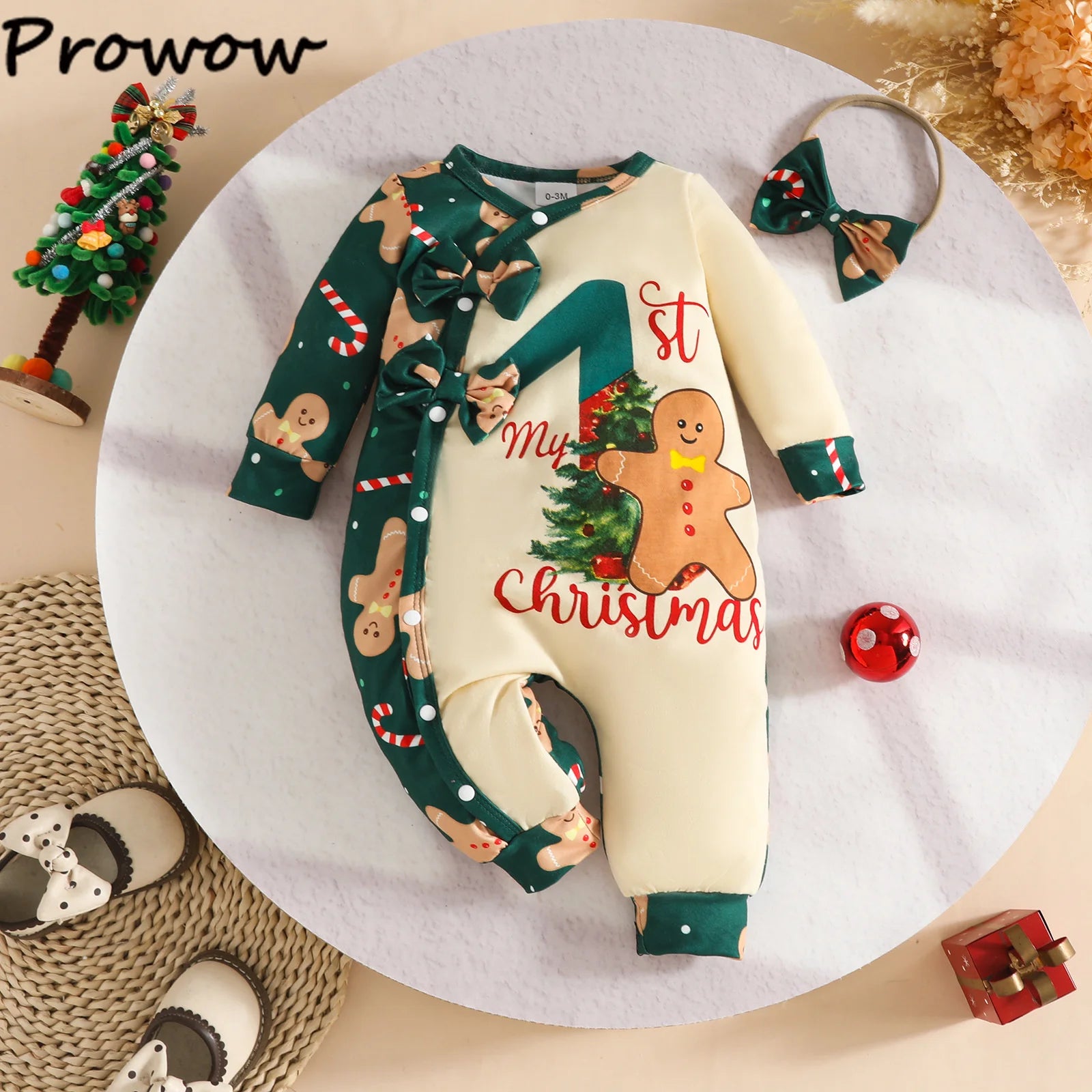 Prowow Baby Christmas Clothes 2025 Cartoon Pattern Green Romper Xmas Jumpsuit For Kids Newborn New Year Baby Costume Boy Girls