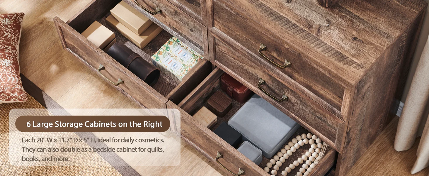 Commode de chambre en bois rustique de 69 po de largeur avec plateau en verre, 9 grands tiroirs de rangement, 3 lumières utilisables de couleur et miroir LED HD 30"