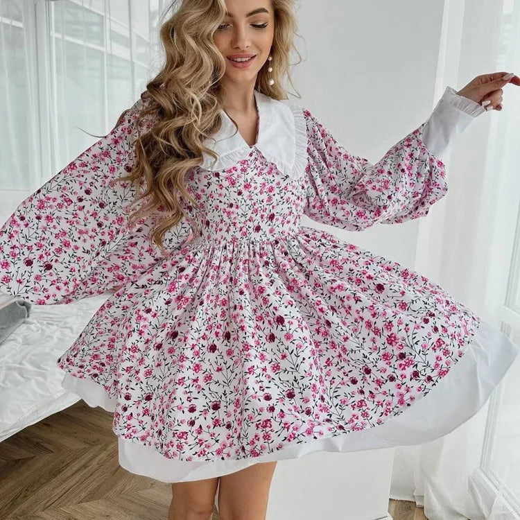 Tossy Ruffled Fashion Printed Mini Dress For Women V-Neck Patchwork Contrast Slim Long Sleeve Party Dress Female Bodycon Dress