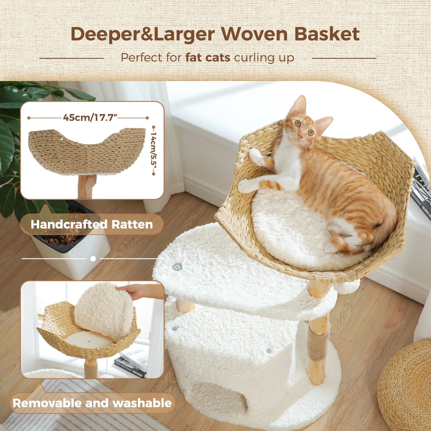 Modern Cat Tree Tower with Natural Solid Wood Scratching Posts Spacious Wicker Basket Luxury Cat Condo Bed for Indoor Cat Toys