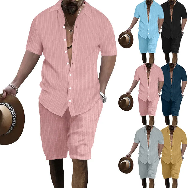 Summer European and American Style Men's Clothing Short Sleeve Cardigan Suit Men's Casual Loose Short Sleeves Shorts Beach Suit