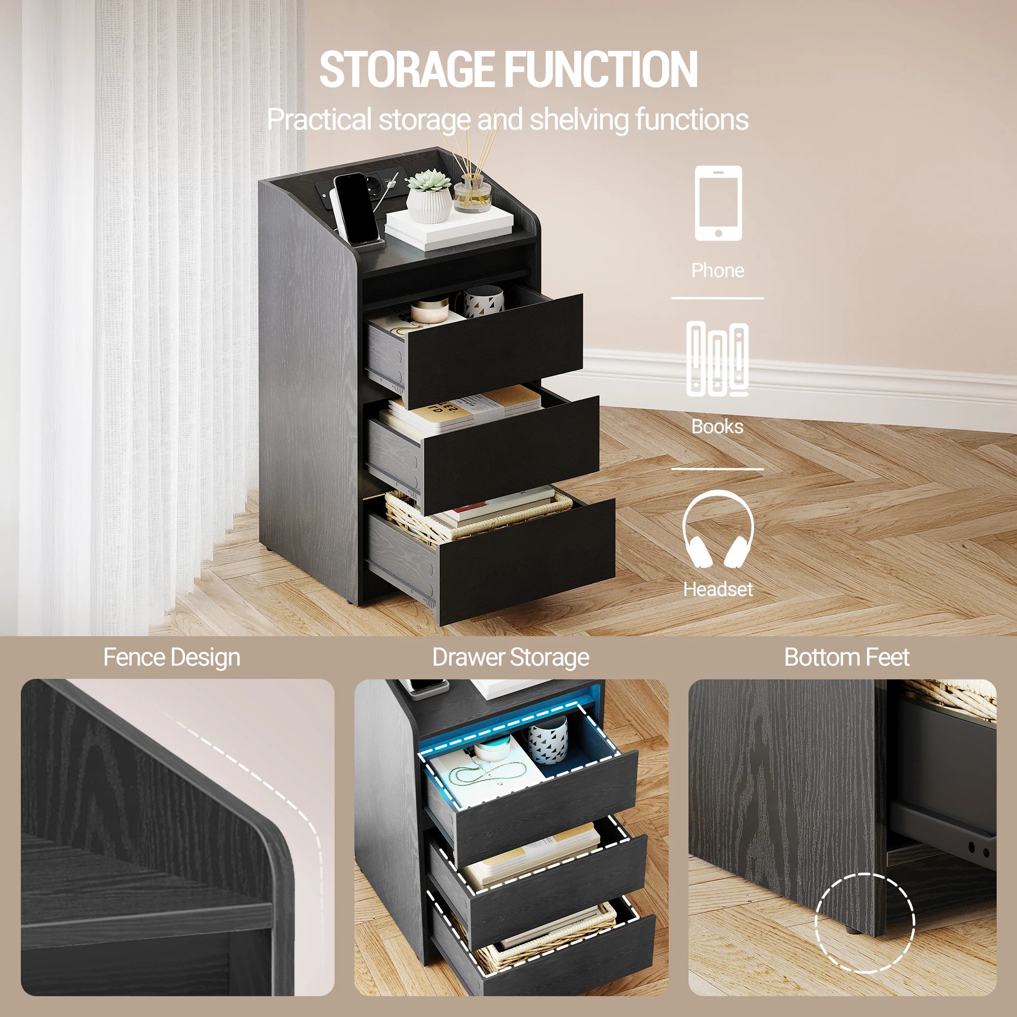 Hzuaneri Table de chevet avec 3 tiroirs, table d'appoint avec station de recharge et LED, 2 prises CA et 2 ports USB pour le salon