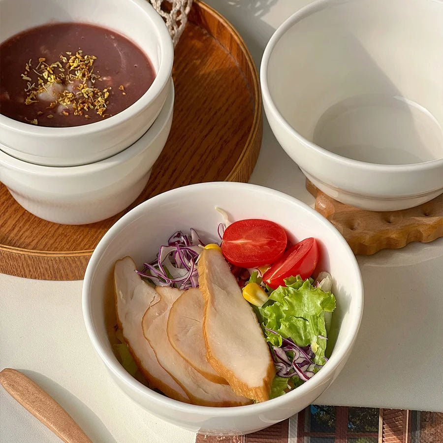 Simple White Ceramic Bowl Household Tableware Rice Bowls Breakfast Porridge Bowl Yoghurt Dessert Bowls