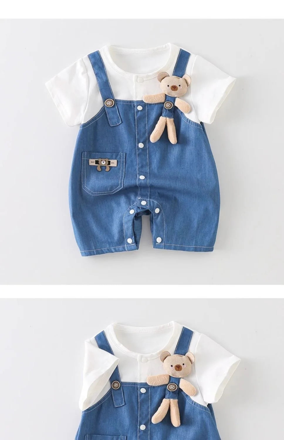 Baby Denim Overalls Romper – Thin Summer Jumpsuit with Bear Print, Cute Crawling Outfit for Boys & Girls 0-24 Months