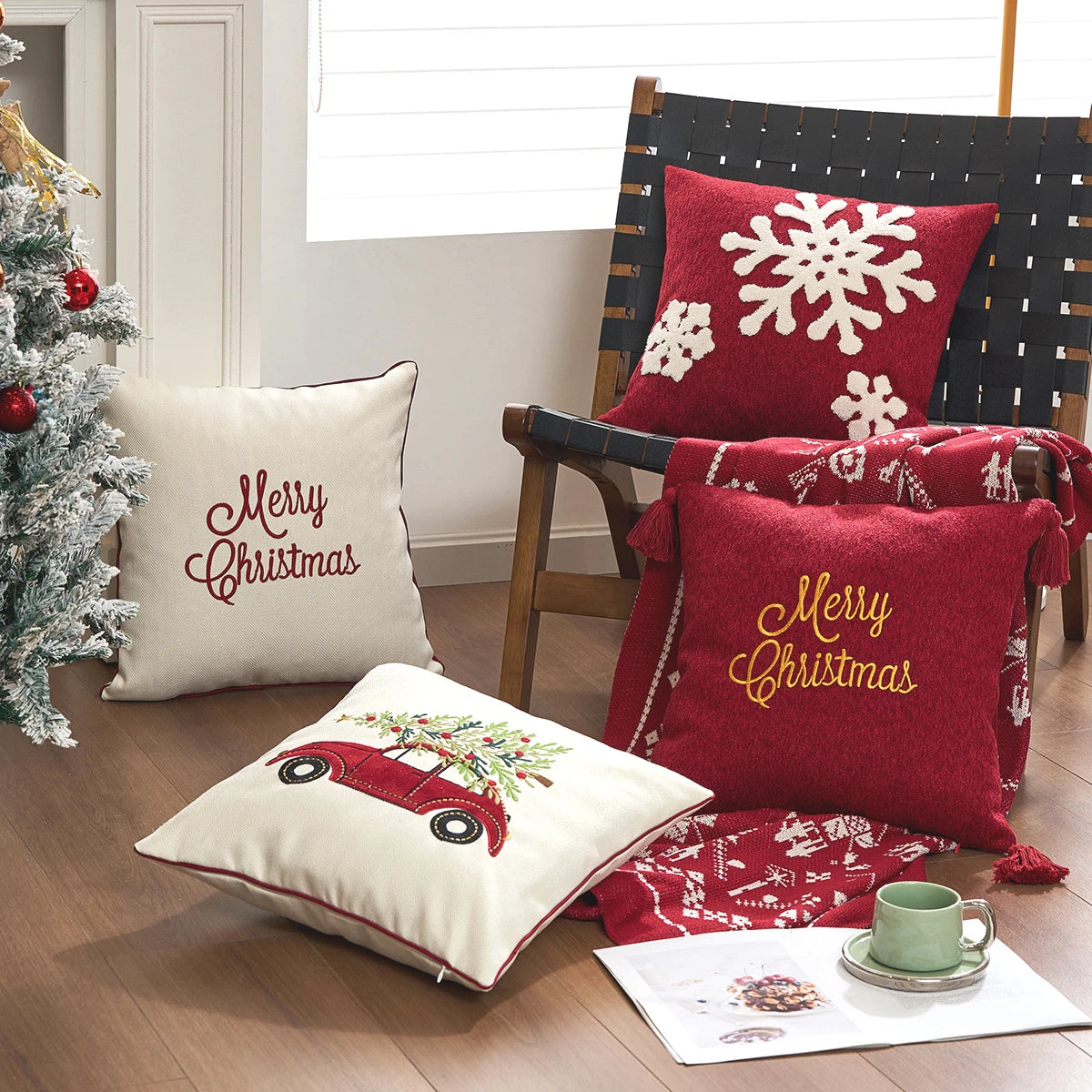 Pillow Cover Christmas Embroidered Pillow Cushion Cover Christmas Snowflake Deer 45x45cm Household Pillowcase