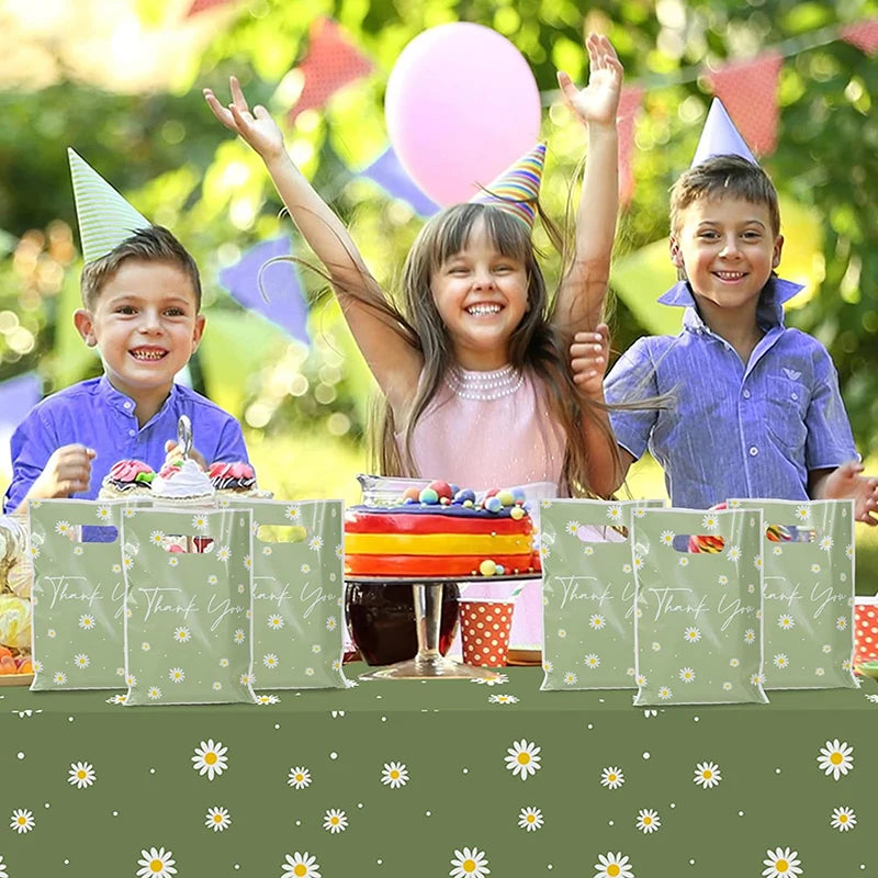 50Pcs Green Daisy Thank You Tote Gift Bags Plastic Candy Cookie Packaging Bag For Wedding Birthday Party Favors Small Business