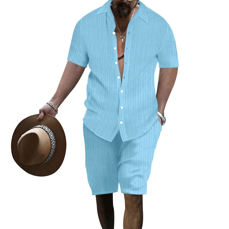 Summer European and American Style Men's Clothing Short Sleeve Cardigan Suit Men's Casual Loose Short Sleeves Shorts Beach Suit