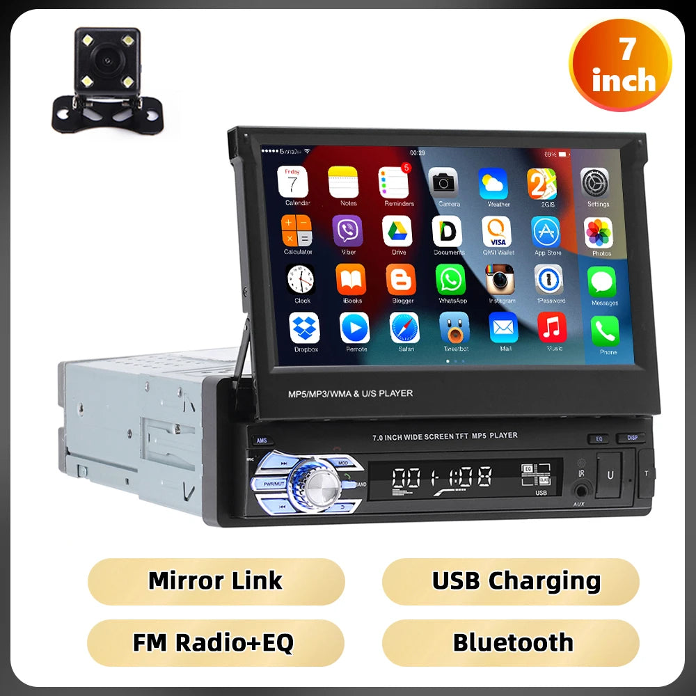 Podofo 1Din MP5 Player Mirrorlink Multimedia Player Bluetooth FM USB EQ 4Core 7 ''Retractable Screen Touch Screen Car Radio