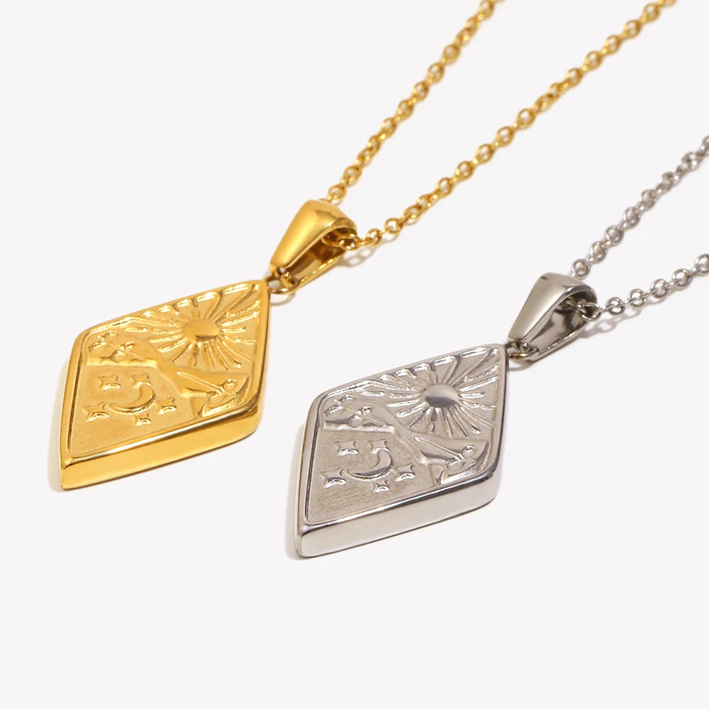 EBbelle 18k Gold Plated Rhombus Shape Moon Sun Pendant Necklace Stainless Steel Waterproof Fashion Unique Women's Jewelry