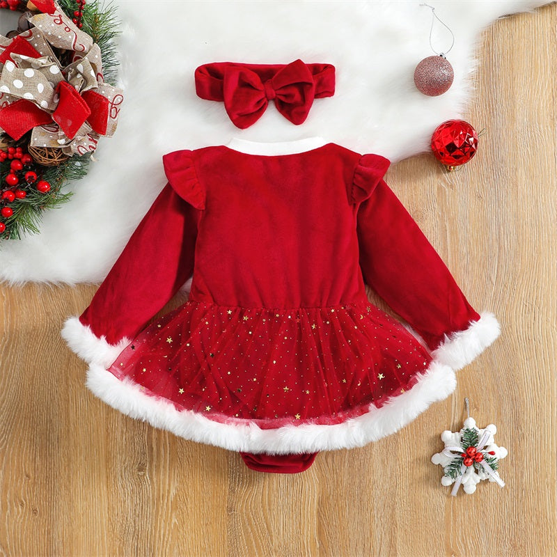 2Pcs Infant Newborn Baby Girls Christmas Outfit, Plush Patchwork Long Sleeve Romper Dress + Hairband Set for Toddler 0-24 Months