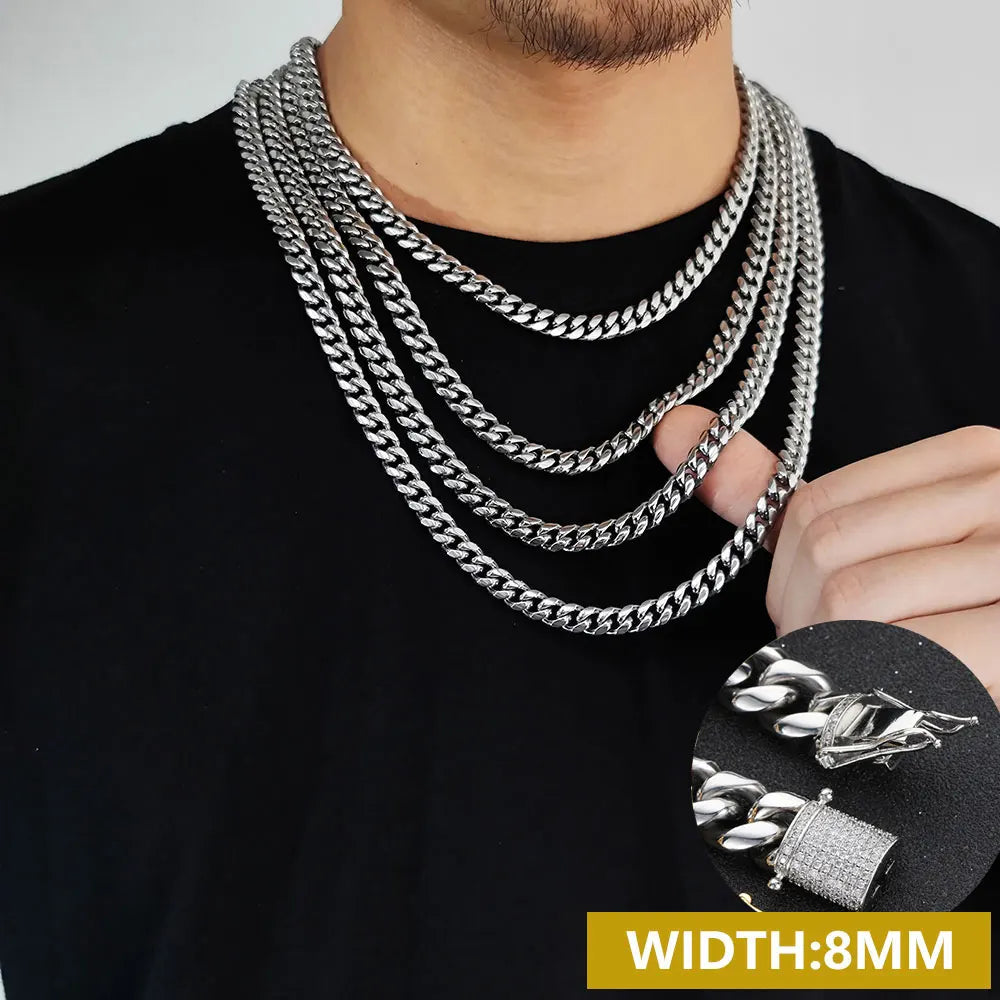 6-16mm Iced Clasp Cuban Link Chain Miami Stainless Steel Necklace Hip Hop Jewelry Gift for Men Women