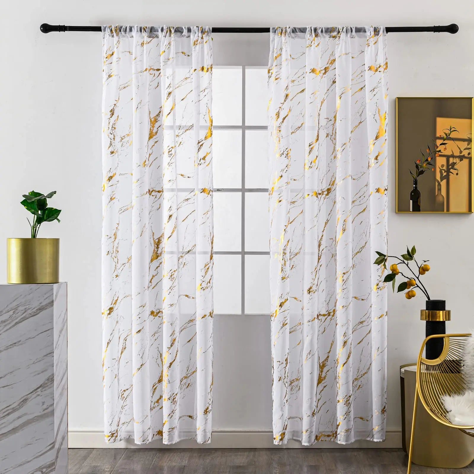 Marble White Sheer Curtains Gold Foil Print Metallic Bronzing, Privacy Window Treatment Decor Abstract Drape for Bedroom Kitchen
