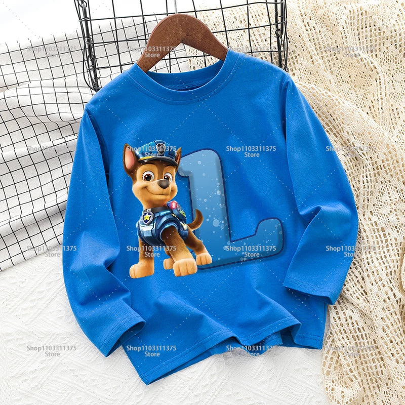 Cute PAW Patrol T-shirt Letter A-Z Print Top Long Sleeve Fashion Summer Boys Clothes Cartoon Kids Birthday Gift Outdoor Wear Tee