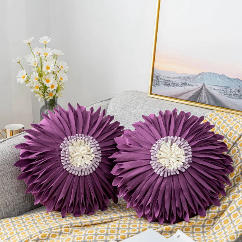 Modern Style Yellow White Throw Pillows Round  45*45 Velvet Stitching 3D Chrysanthemum Cushion Cover Waist Blue Cute Pillowcase