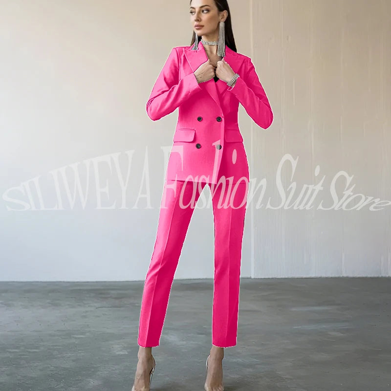 Fashion Chic Burgundy Red Purple Women Suit Double Breasted 2 Piece Jacket Pants Blazer Set Slim Fit Office Lady Female Clothing