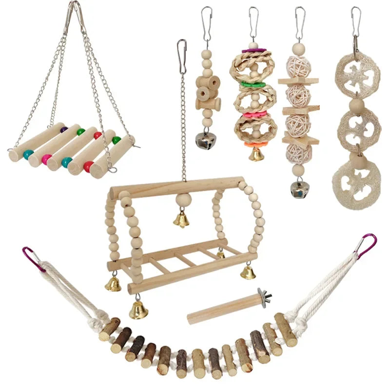 Wooden Parrot Bird Toys - Swing Ball Bell Durable Chewable Pet Bird Training Toy for Parrots Standing Juguetes Para Pájaros