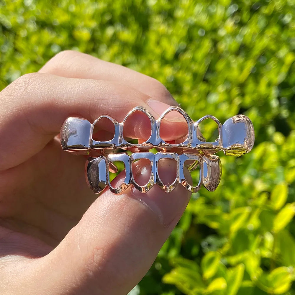 RACHELZ Hip Hop Gold Plated Teeth Grillz Fashion Top Bottom Hollow Tooth Cap Dental Grills For Men Women Jewelry Party Gift