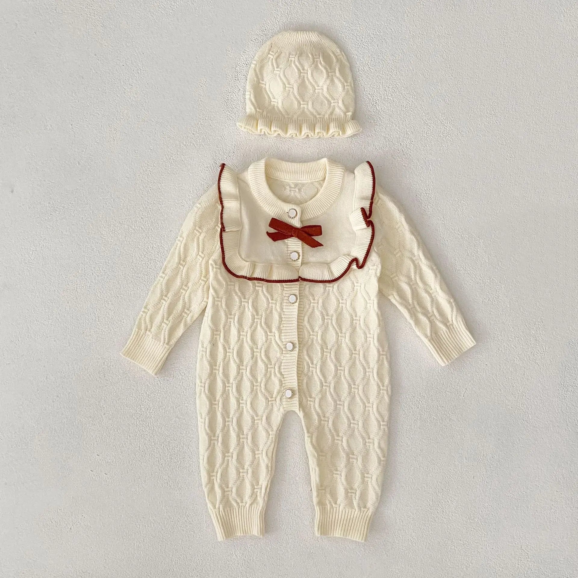 Christmas Baby Rompers Clothes Hat Autumn Winter Knitted Bow Newborn Girls Jumpsuits Fashion Solid Plain Toddler Kids Rompers